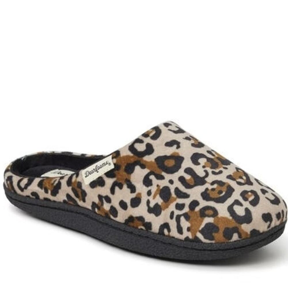 New With Tags Dearfom Leopard Print Memory Foam Clog Slippers in Tan Black Cream